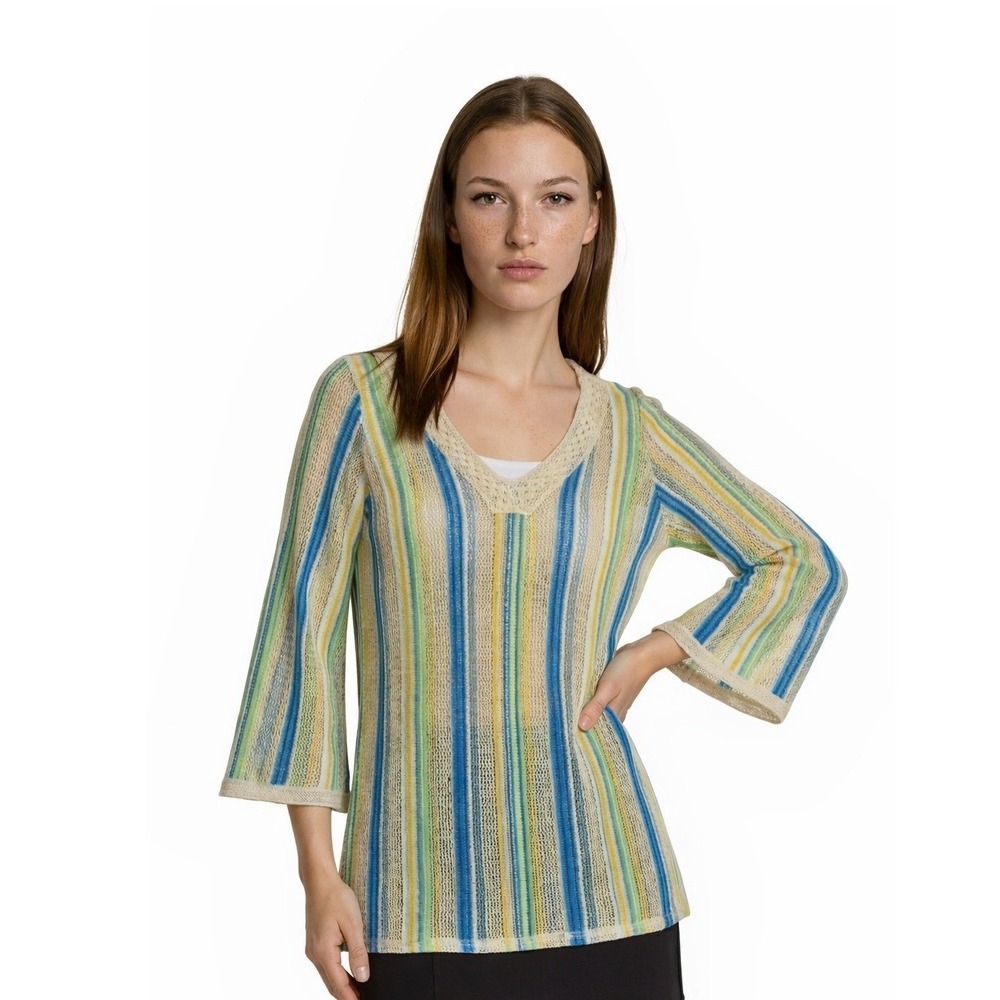 PHO Firenze Women's Size Medium Blue Green Striped Open Knit Tunic Swim Cover Up